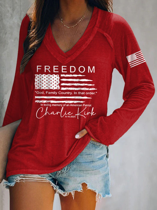 Women's Freedom Charlie Kirk V-Neck Long-Sleeve T-Shirt