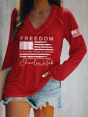 Women's Freedom Charlie Kirk V-Neck Long-Sleeve T-Shirt