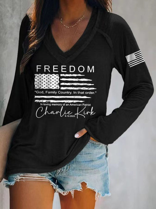 Women's Freedom Charlie Kirk V-Neck Long-Sleeve T-Shirt