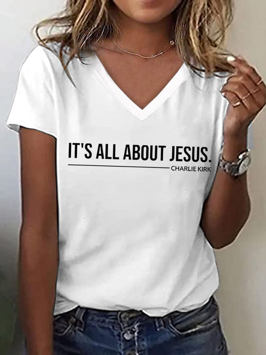 Women's It's All About Jesus Charlie Kirk V-Neck Tee
