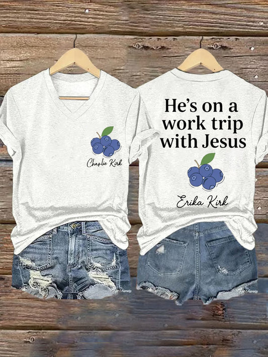 Women's He's On A Work Trip With Jesus Faith Based Inspired By Erika Kirk, Pray For Charlie Kirk V-Neck Tee