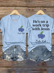 Women's He's On A Work Trip With Jesus Faith Based Inspired By Erika Kirk, Pray For Charlie Kirk V-Neck Tee