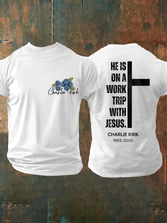 Men's He's On A Work Trip With Jesus Faith Based Inspired By Erika Kirk, Pray For Charlie Kirk Tee